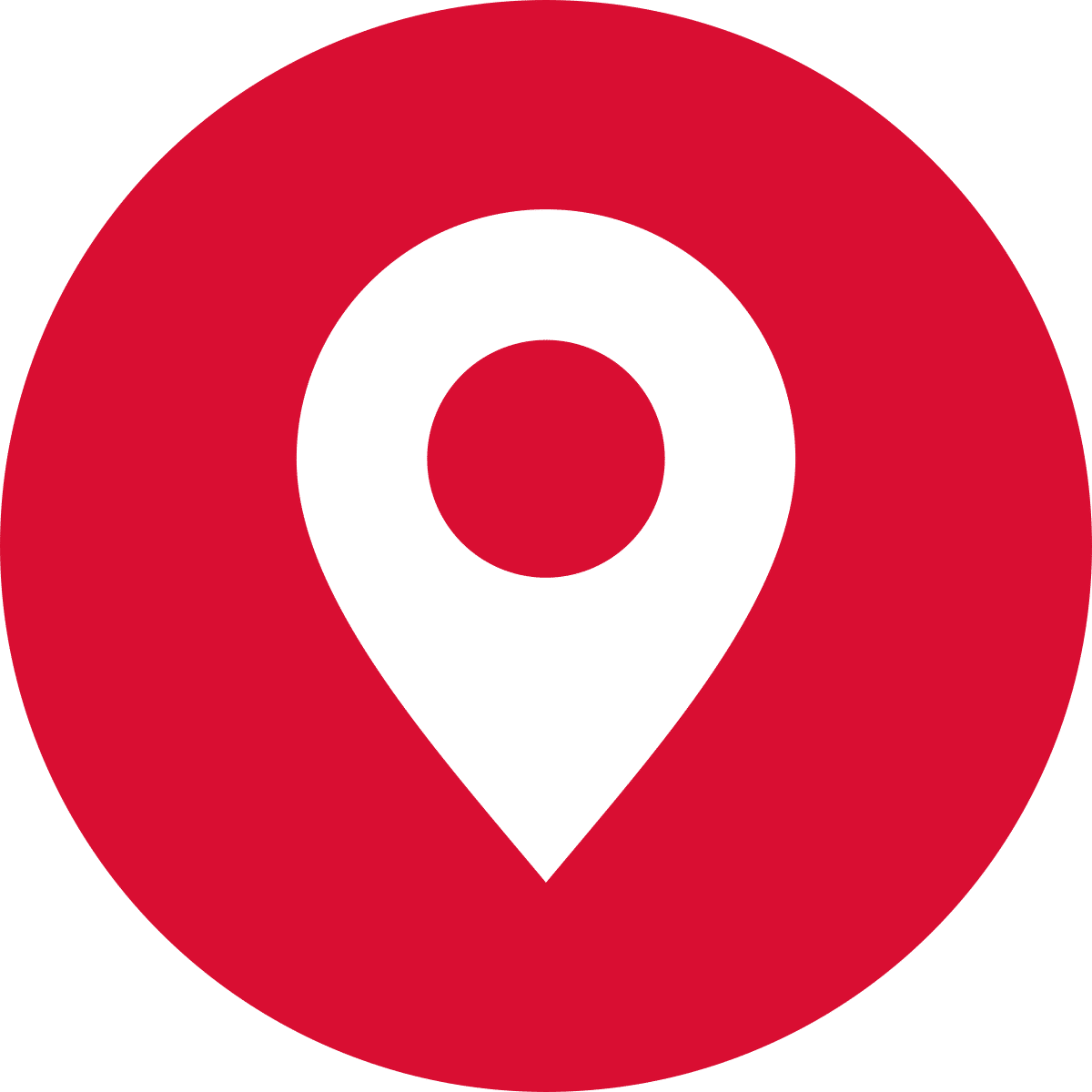 A white map location pin icon centered on a solid red circular background.