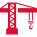 Red icon of a construction crane with a triangular truss structure and a hanging hook on the right side.